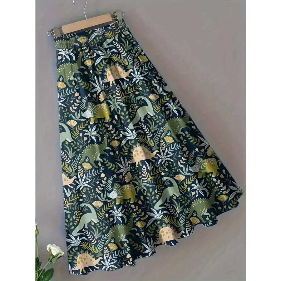 Printed Elastic Waist Skirt Green / S Apparel and Accessories