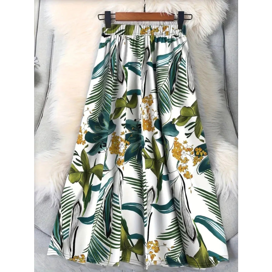 Printed Elastic Waist Skirt Olive Green / S Apparel and Accessories