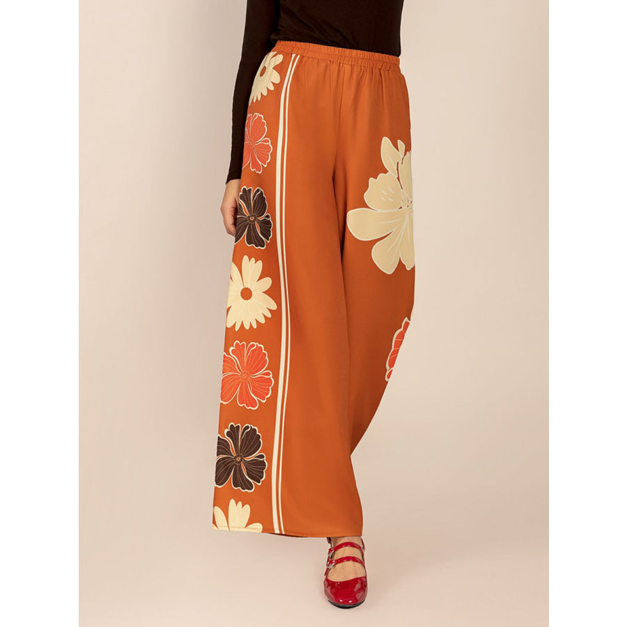 Printed Elastic Waist Wide Leg Pants Apparel and Accessories