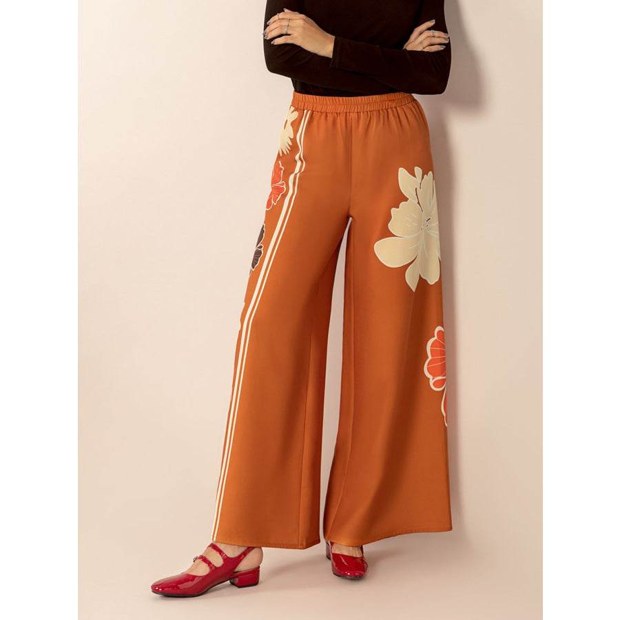 Printed Elastic Waist Wide Leg Pants Apparel and Accessories