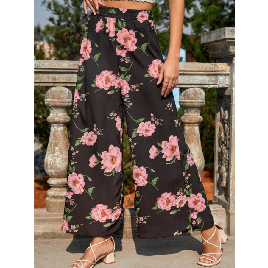 Printed Elastic Waist Wide Leg Pants Apparel and Accessories