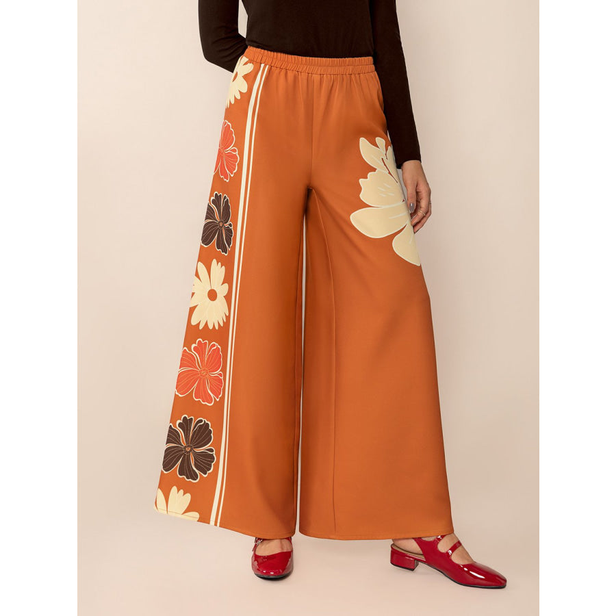 Printed Elastic Waist Wide Leg Pants Apparel and Accessories