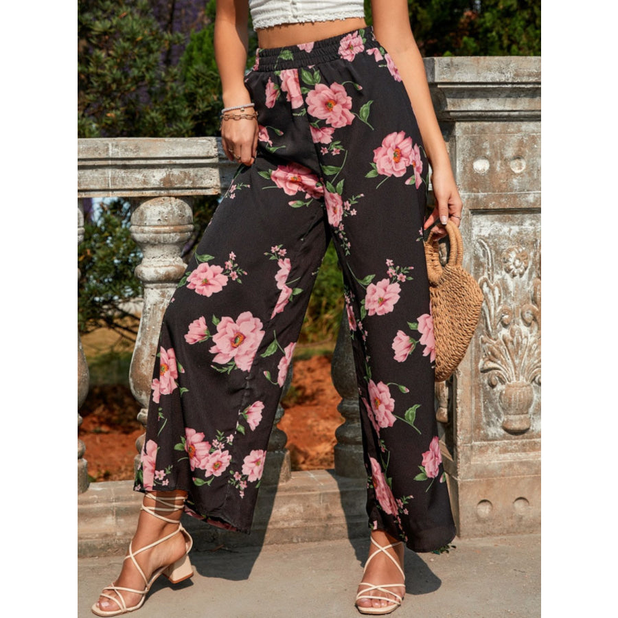 Printed Elastic Waist Wide Leg Pants Apparel and Accessories