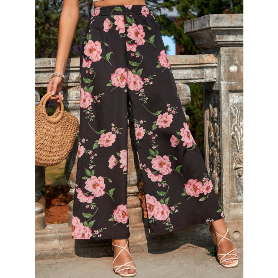 Printed Elastic Waist Wide Leg Pants Black / S Apparel and Accessories