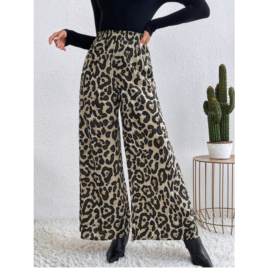 Printed Elastic Waist Wide Leg Pants Khaki / S Apparel and Accessories