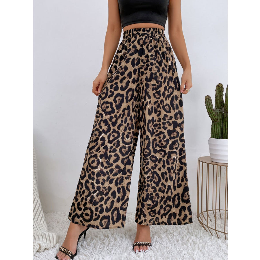 Printed Elastic Waist Wide Leg Pants Leopard / S Apparel and Accessories