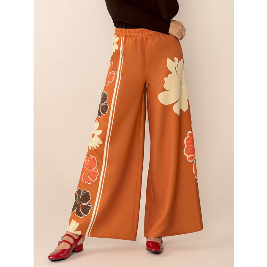 Printed Elastic Waist Wide Leg Pants Tangerine / S Apparel and Accessories