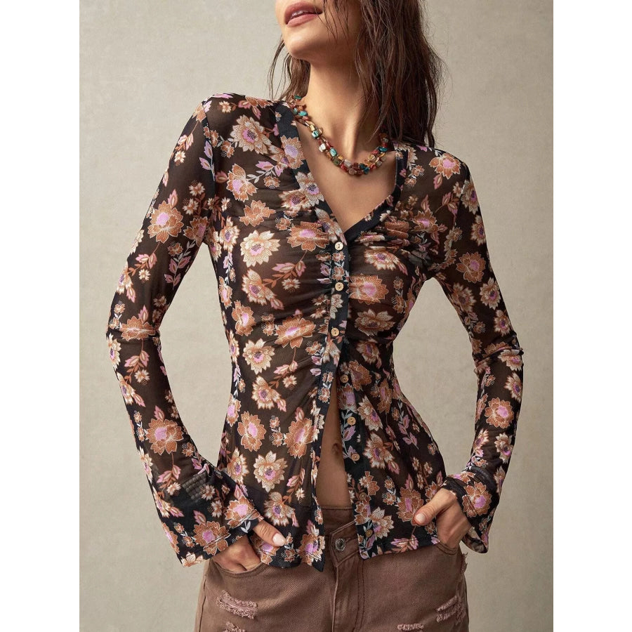 Printed Flare Sleeve Button Down Top Floral / S Apparel and Accessories