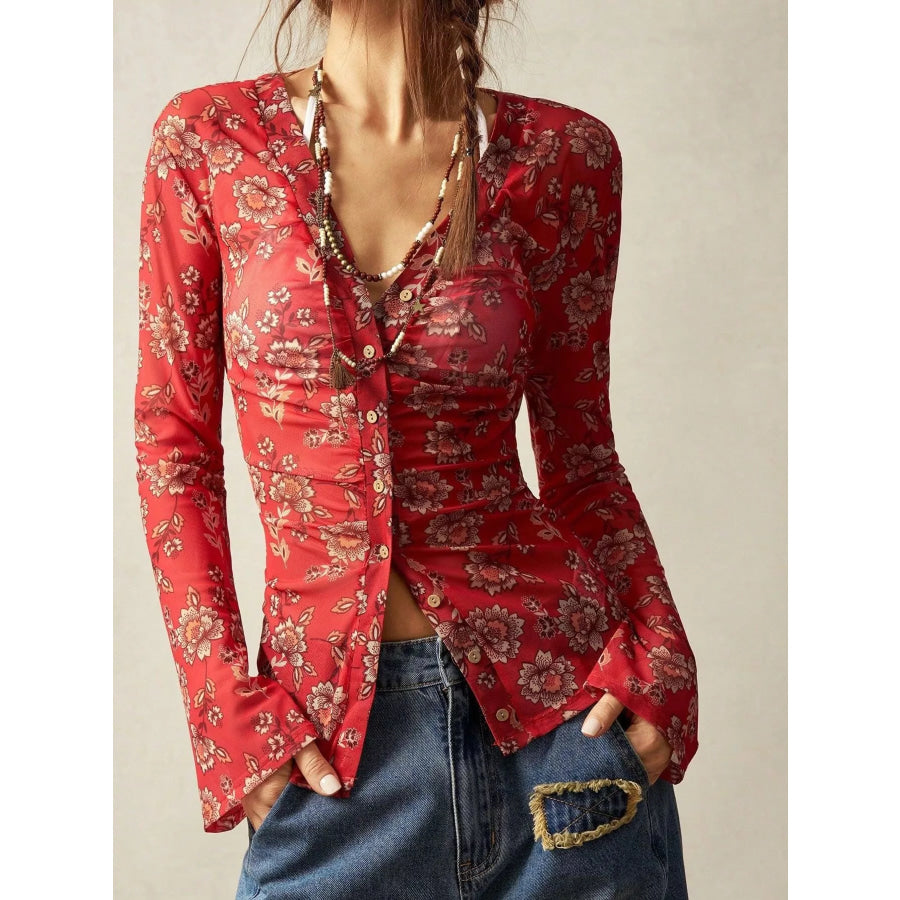 Printed Flare Sleeve Button Down Top Scarlet / S Apparel and Accessories
