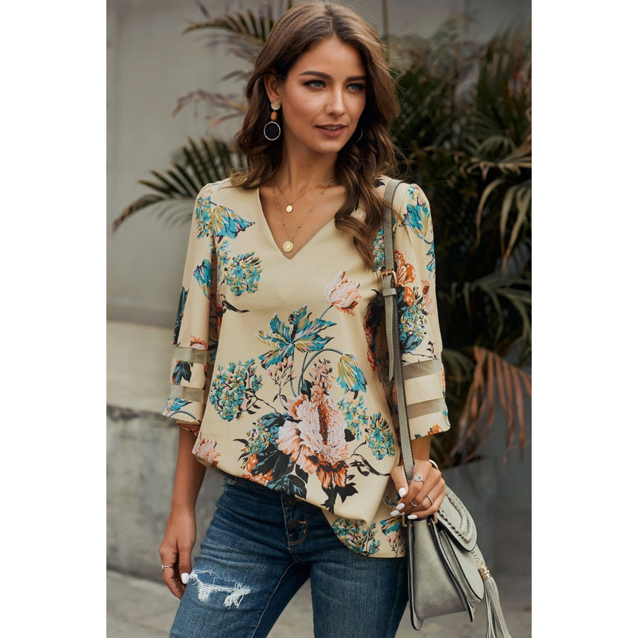 Printed Flare Sleeve Top Cream / S