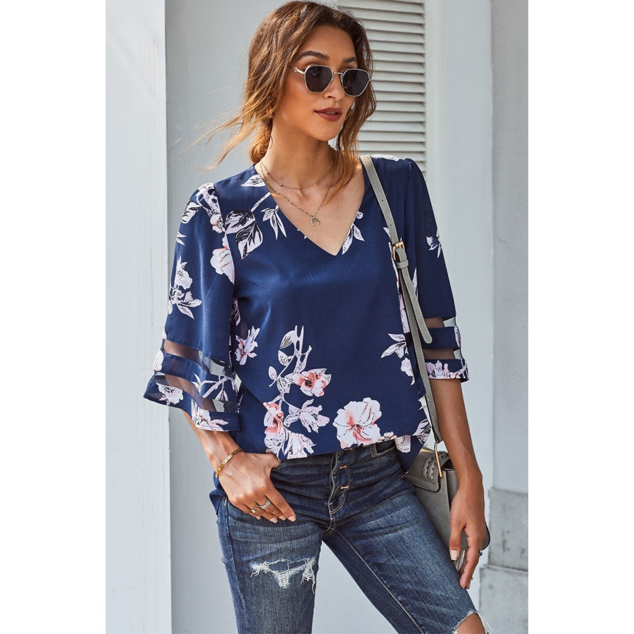 Printed Flare Sleeve Top Navy / S