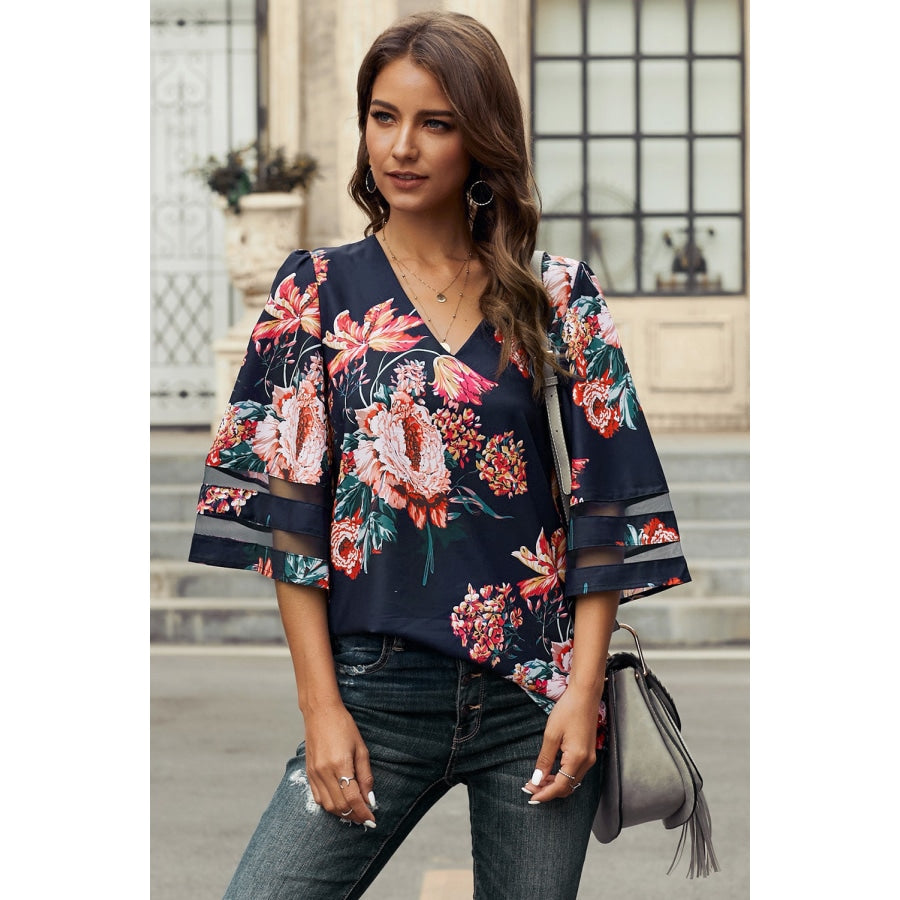 Printed Flare Sleeve Top Red Floral / S