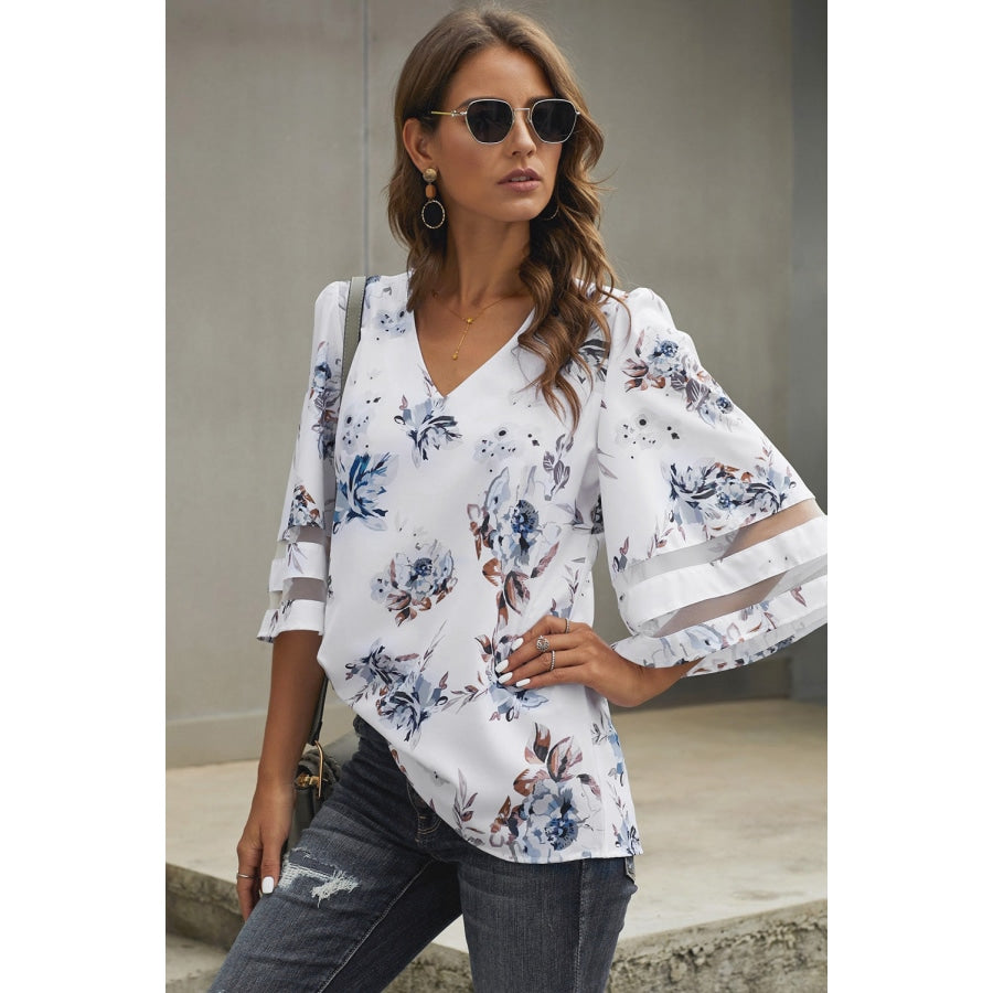 Printed Flare Sleeve Top White / S