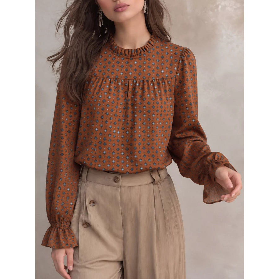 Printed Flounce Sleeve Blouse Apparel and Accessories