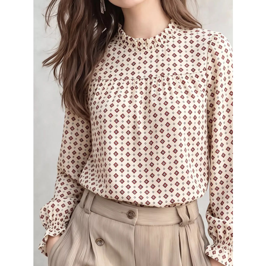 Printed Flounce Sleeve Blouse Beige / S Apparel and Accessories
