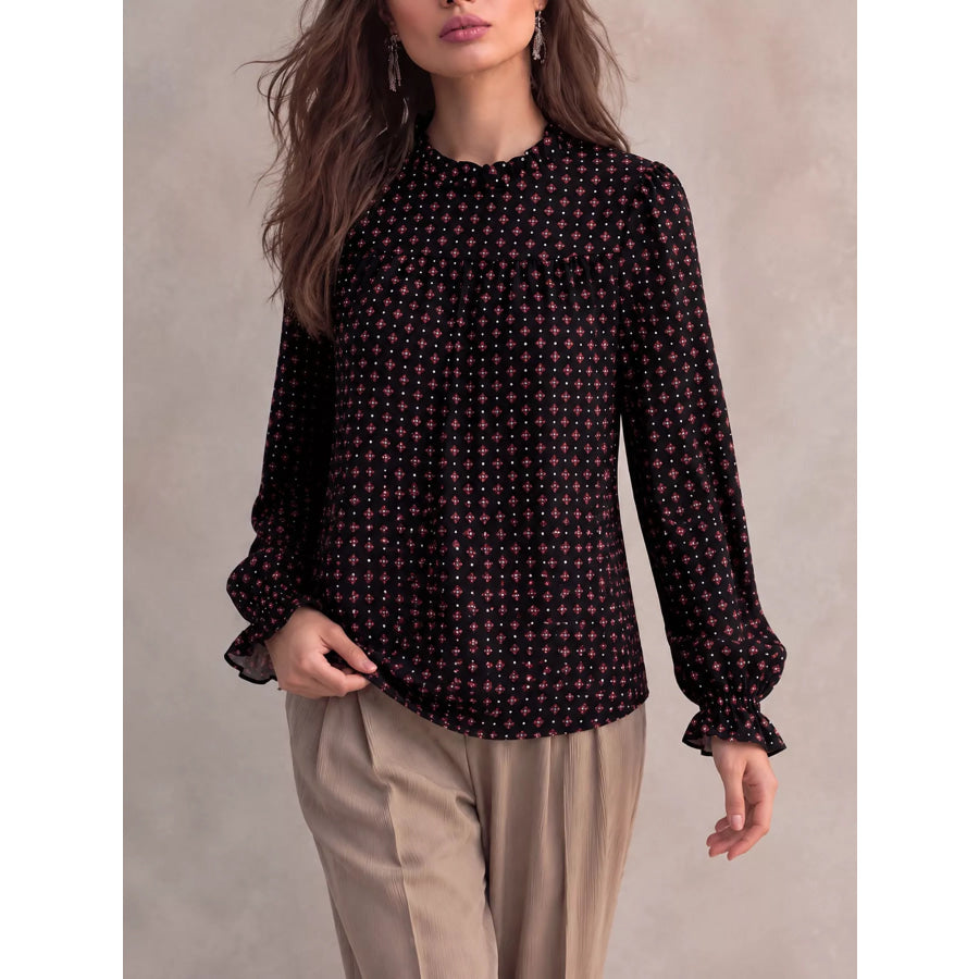 Printed Flounce Sleeve Blouse Black / S Apparel and Accessories