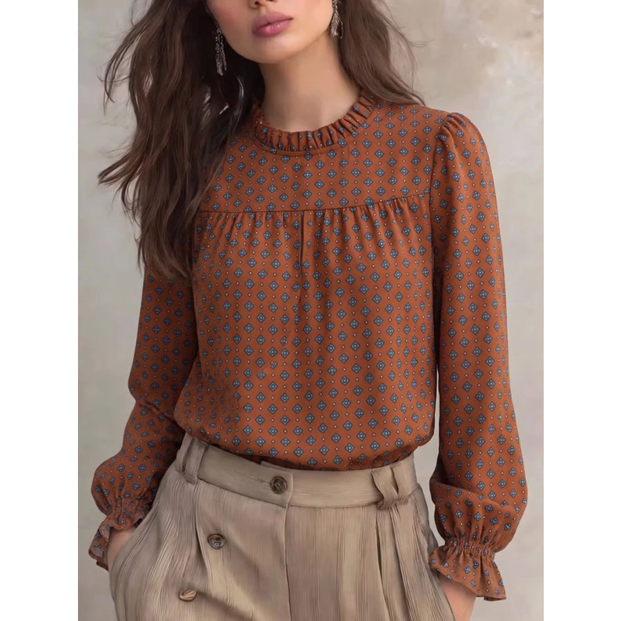 Printed Flounce Sleeve Blouse Brown / S Apparel and Accessories
