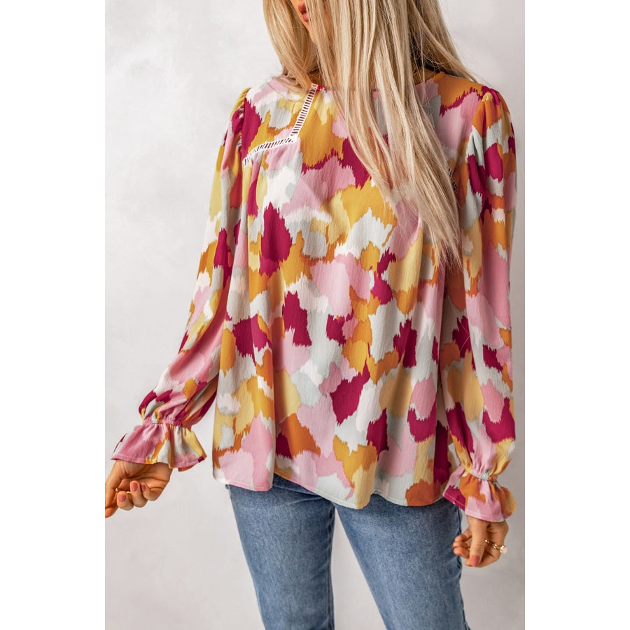 Printed Flounce Sleeve Buttoned Blouse Blush Pink / S