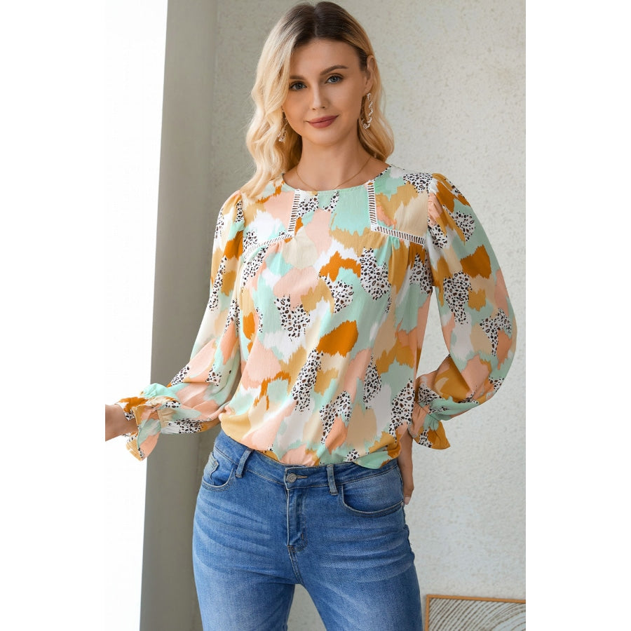 Printed Flounce Sleeve Buttoned Blouse Gum Leaf / S