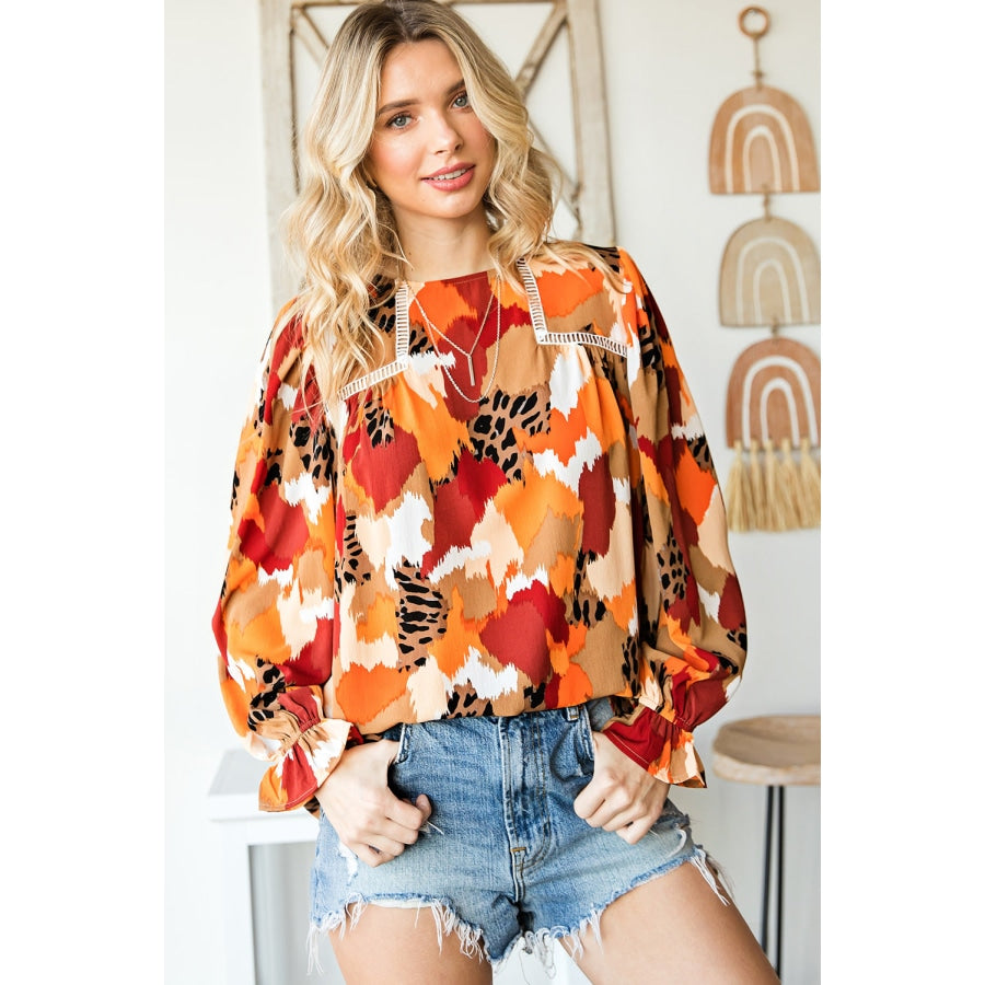 Printed Flounce Sleeve Buttoned Blouse Tangerine / S