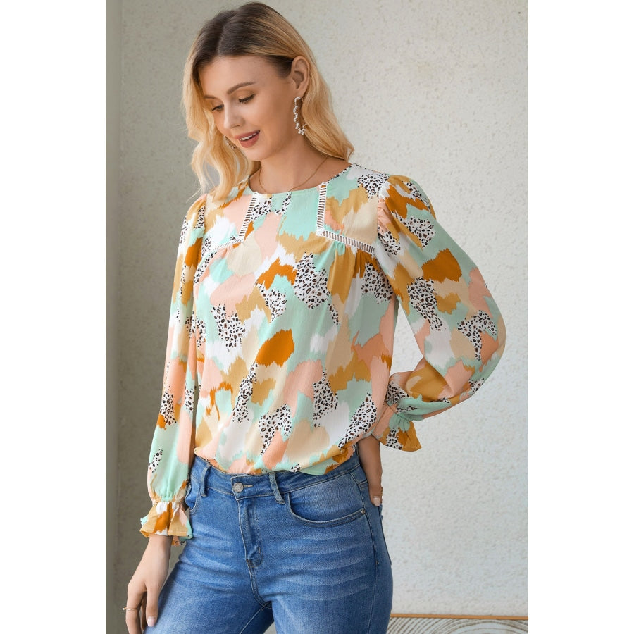 Printed Flounce Sleeve Buttoned Blouse