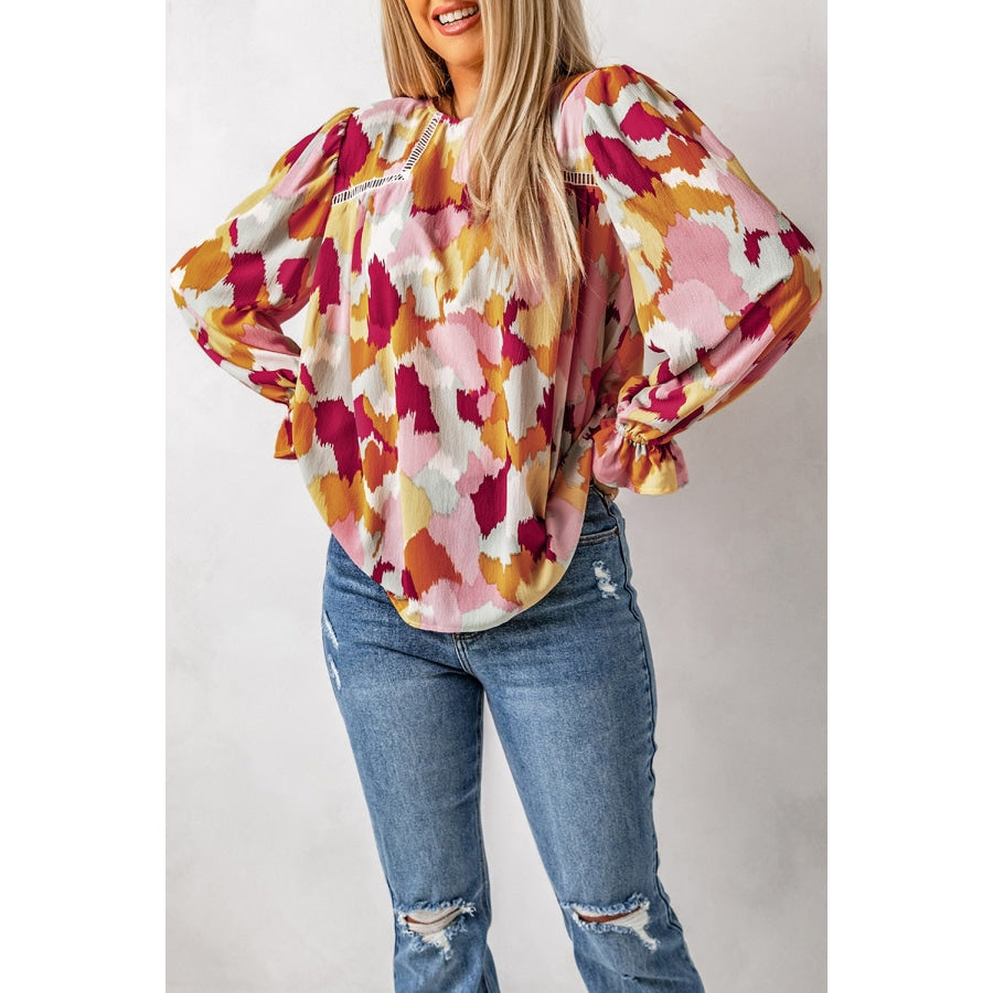 Printed Flounce Sleeve Buttoned Blouse