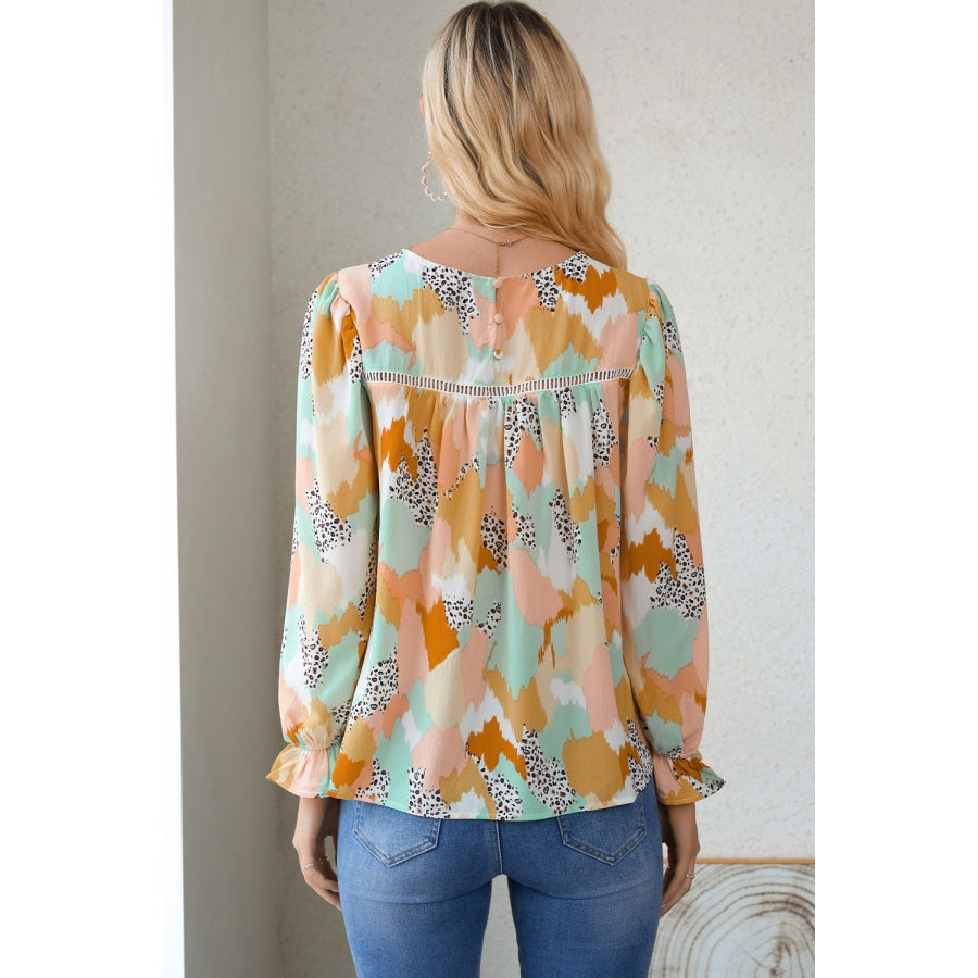 Printed Flounce Sleeve Buttoned Blouse