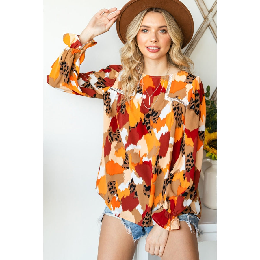 Printed Flounce Sleeve Buttoned Blouse