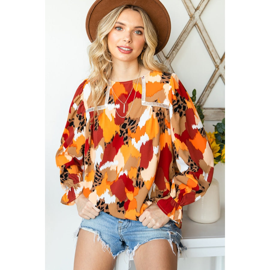 Printed Flounce Sleeve Buttoned Blouse