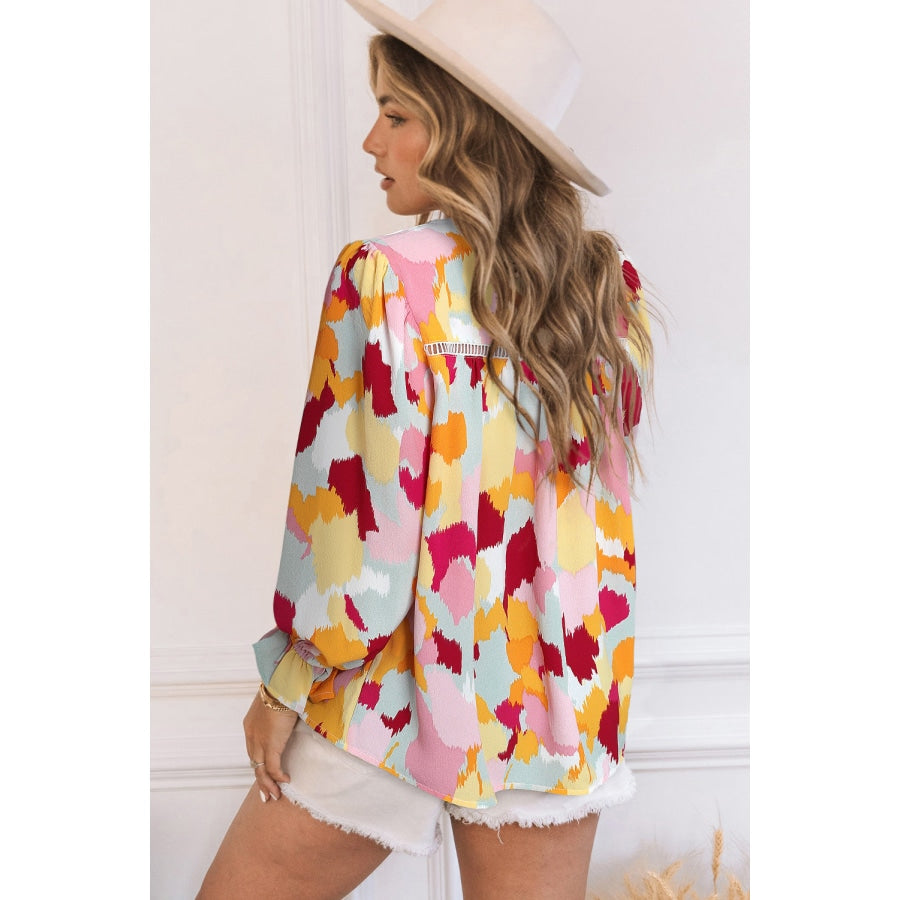 Printed Flounce Sleeve Buttoned Blouse