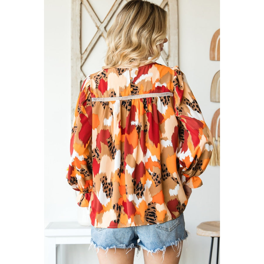 Printed Flounce Sleeve Buttoned Blouse