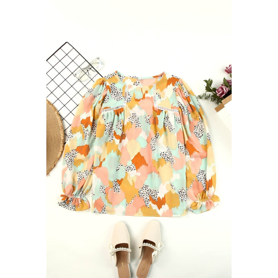 Printed Flounce Sleeve Buttoned Blouse