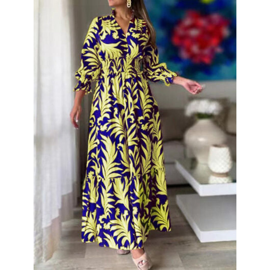 Printed Flounce Sleeve Maxi Dress Canary Yellow / S Apparel and Accessories