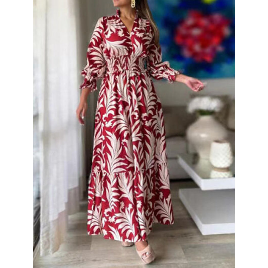 Printed Flounce Sleeve Maxi Dress Deep Red / S Apparel and Accessories