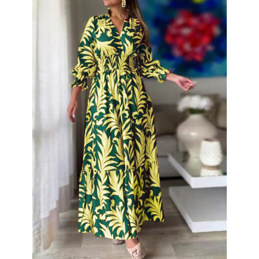 Printed Flounce Sleeve Maxi Dress Green / S Apparel and Accessories