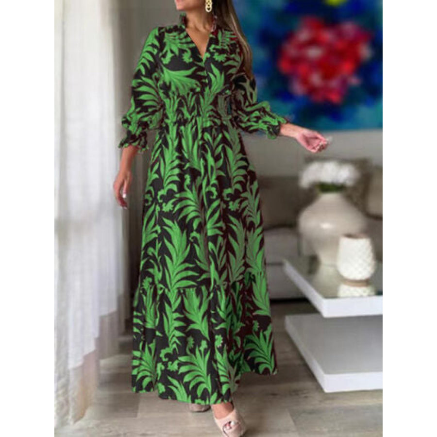 Printed Flounce Sleeve Maxi Dress Mid Green / S Apparel and Accessories