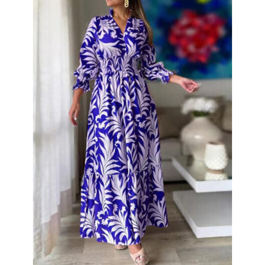 Printed Flounce Sleeve Maxi Dress Royal Blue / S Apparel and Accessories