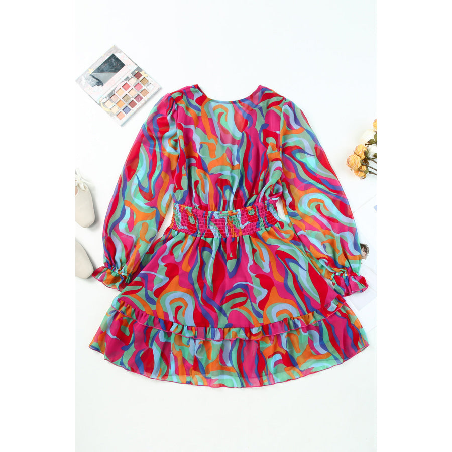 Printed Flounce Sleeve Mini Dress Apparel and Accessories