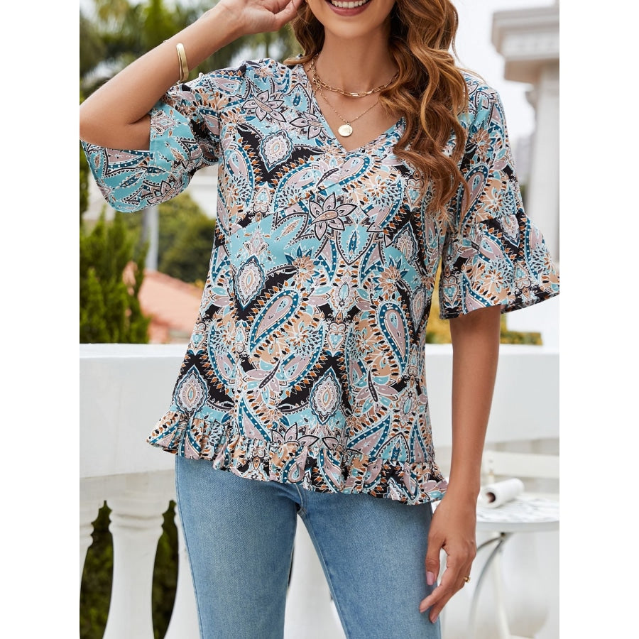 Printed Flounce Sleeve Ruffle Hem Blouse Pastel Blue / S