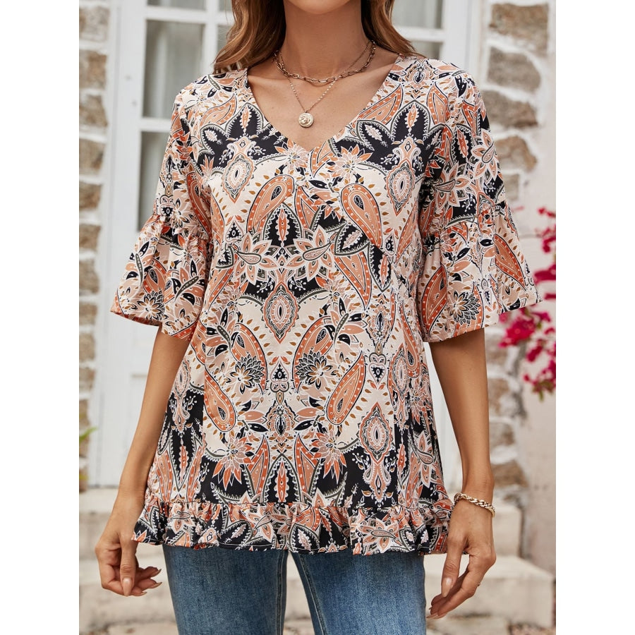 Printed Flounce Sleeve Ruffle Hem Blouse Sherbet / S