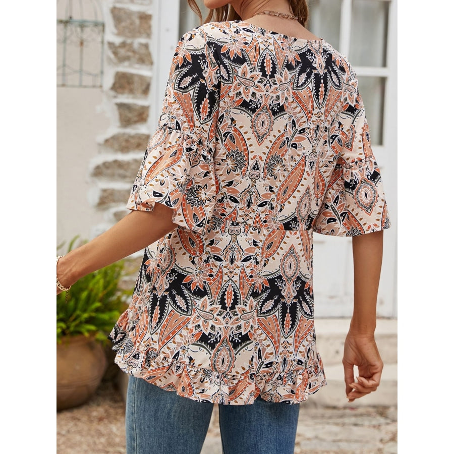 Printed Flounce Sleeve Ruffle Hem Blouse