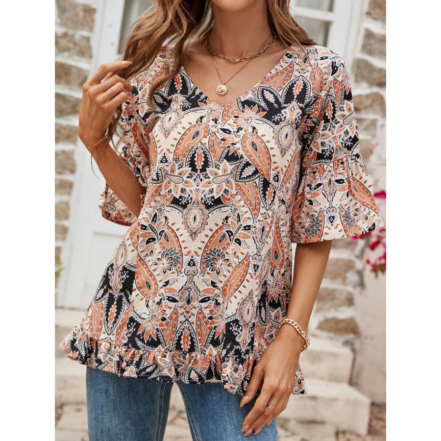 Printed Flounce Sleeve Ruffle Hem Blouse