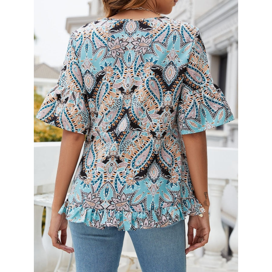 Printed Flounce Sleeve Ruffle Hem Blouse