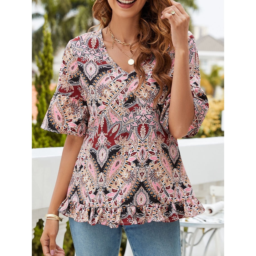 Printed Flounce Sleeve Ruffle Hem Blouse