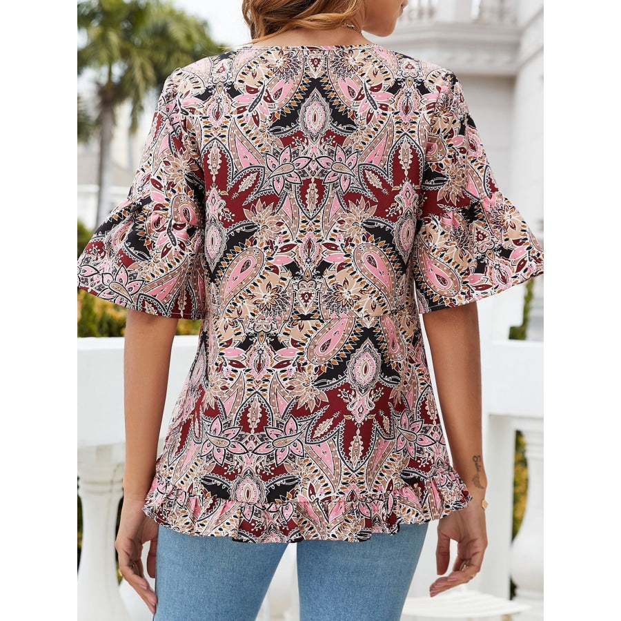 Printed Flounce Sleeve Ruffle Hem Blouse