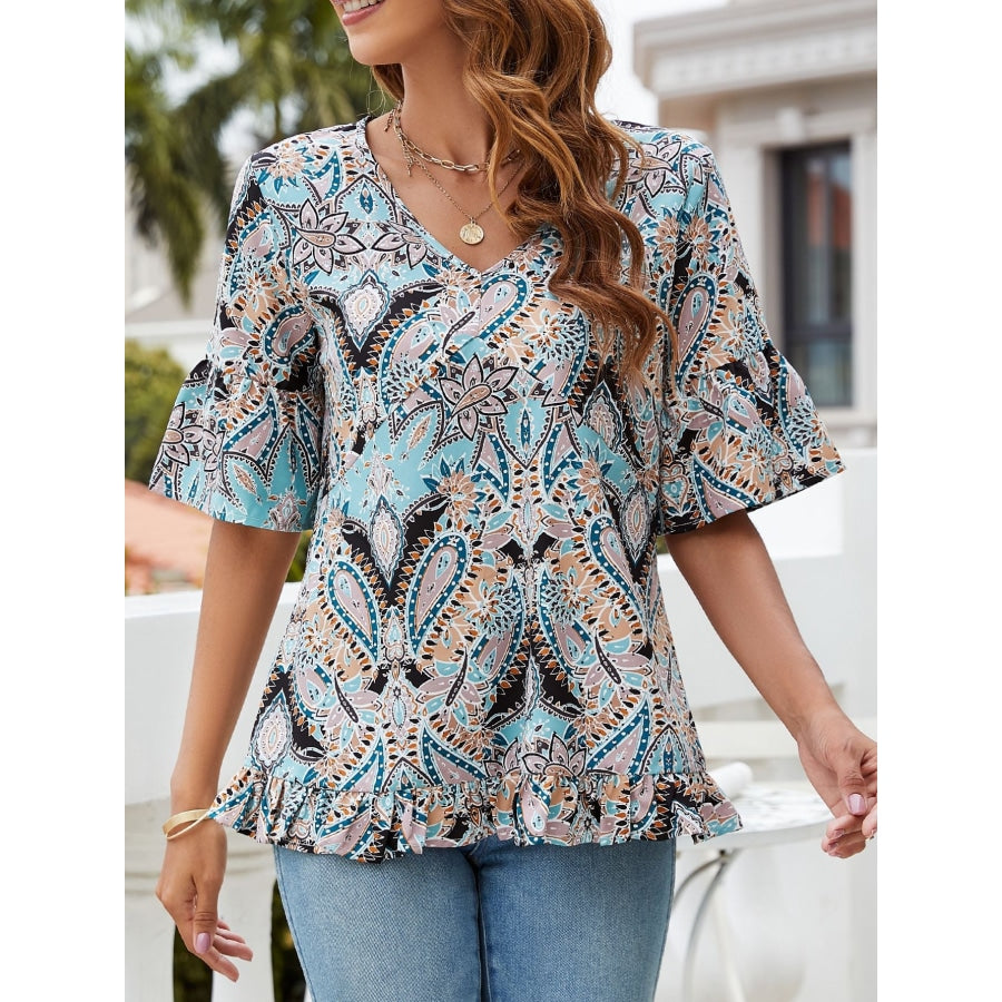 Printed Flounce Sleeve Ruffle Hem Blouse