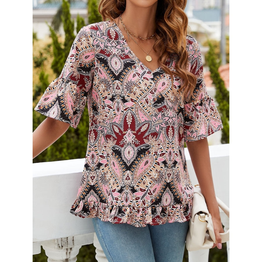 Printed Flounce Sleeve Ruffle Hem Blouse