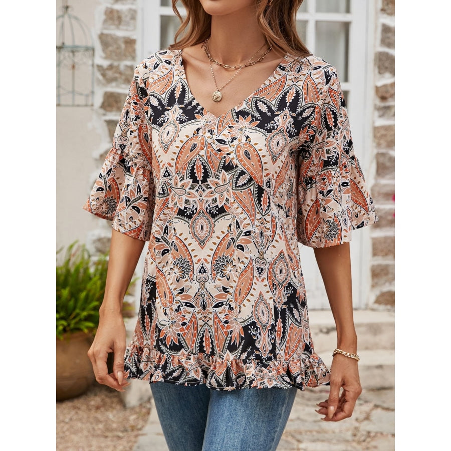 Printed Flounce Sleeve Ruffle Hem Blouse