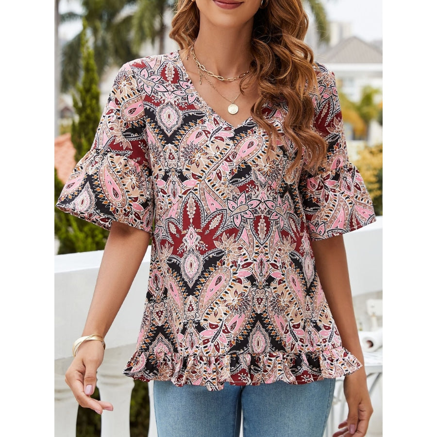 Printed Flounce Sleeve Ruffle Hem Blouse Wine / S