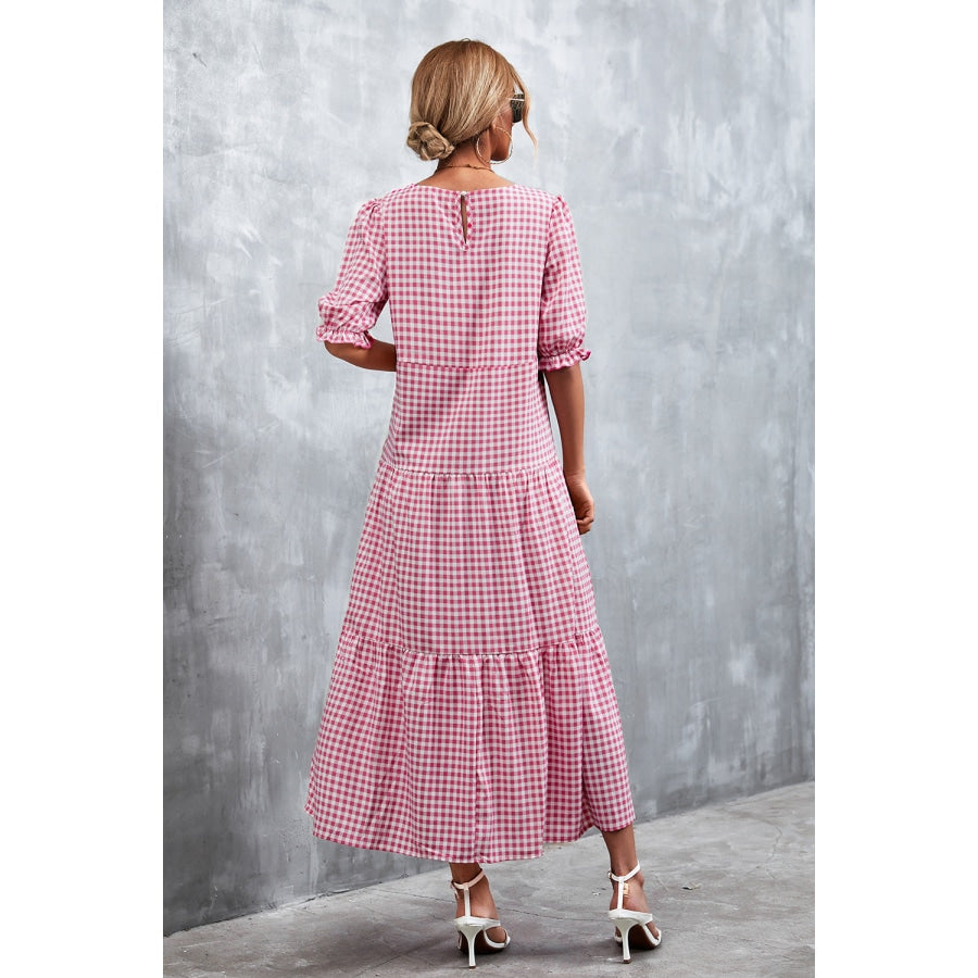 Printed Flounce Sleeve Tiered Dress Rouge Pink / S